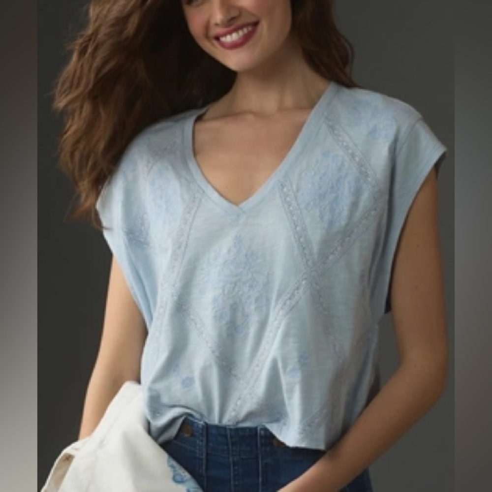Anthropology Short-Sleeve V-neck Boxy Lattice Top Sky Blue